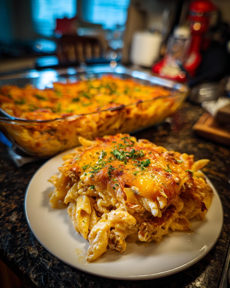 A delicious serving of Cheeseburger Casserole with penne pasta, ground beef, and melted cheddar cheese, topped with fresh parsley.