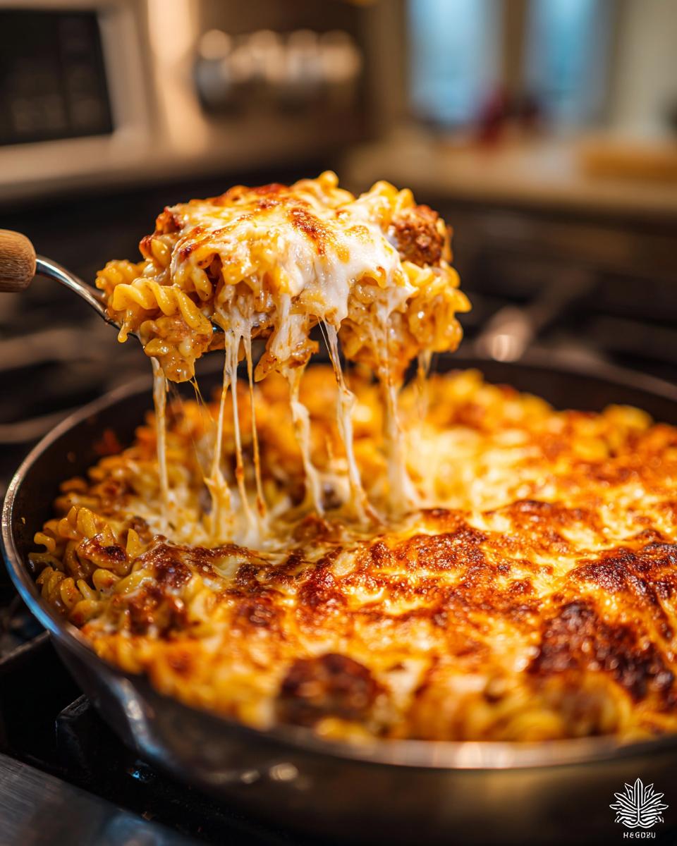 A serving spoon lifting a portion of cheesy Cheeseburger Casserole, with melted cheese stretching.