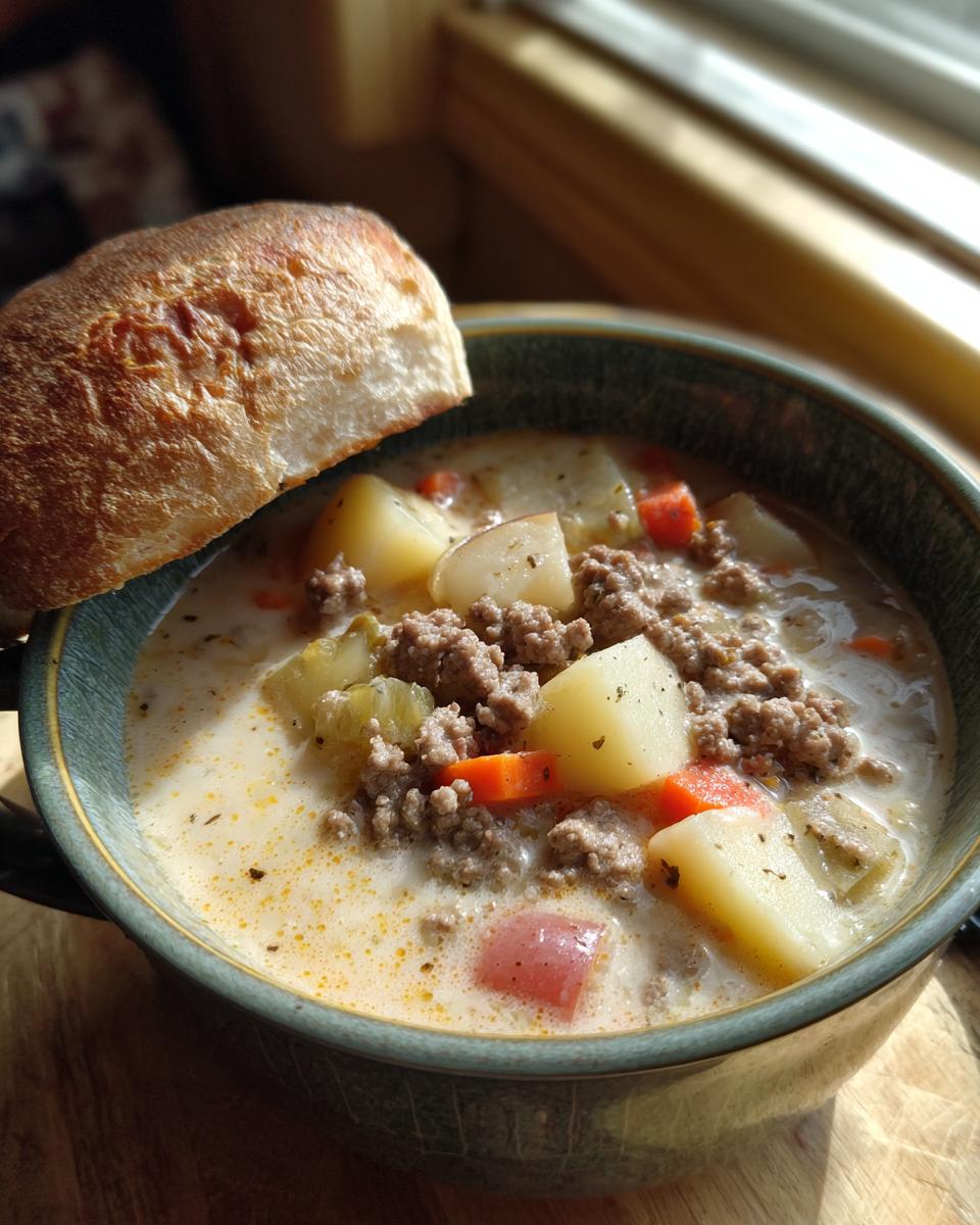 A close-up of a bowl of creamy cheeseburger soup filled with ground beef, potatoes, carrots, and a piece of crusty bread.