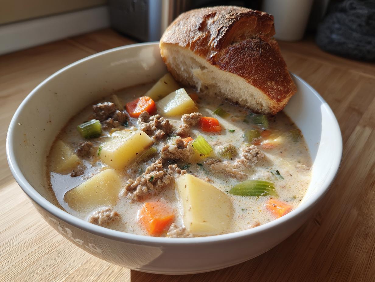 A hearty bowl of cheeseburger soup filled with ground beef, potatoes, carrots, and celery, topped with a piece of crusty bread.