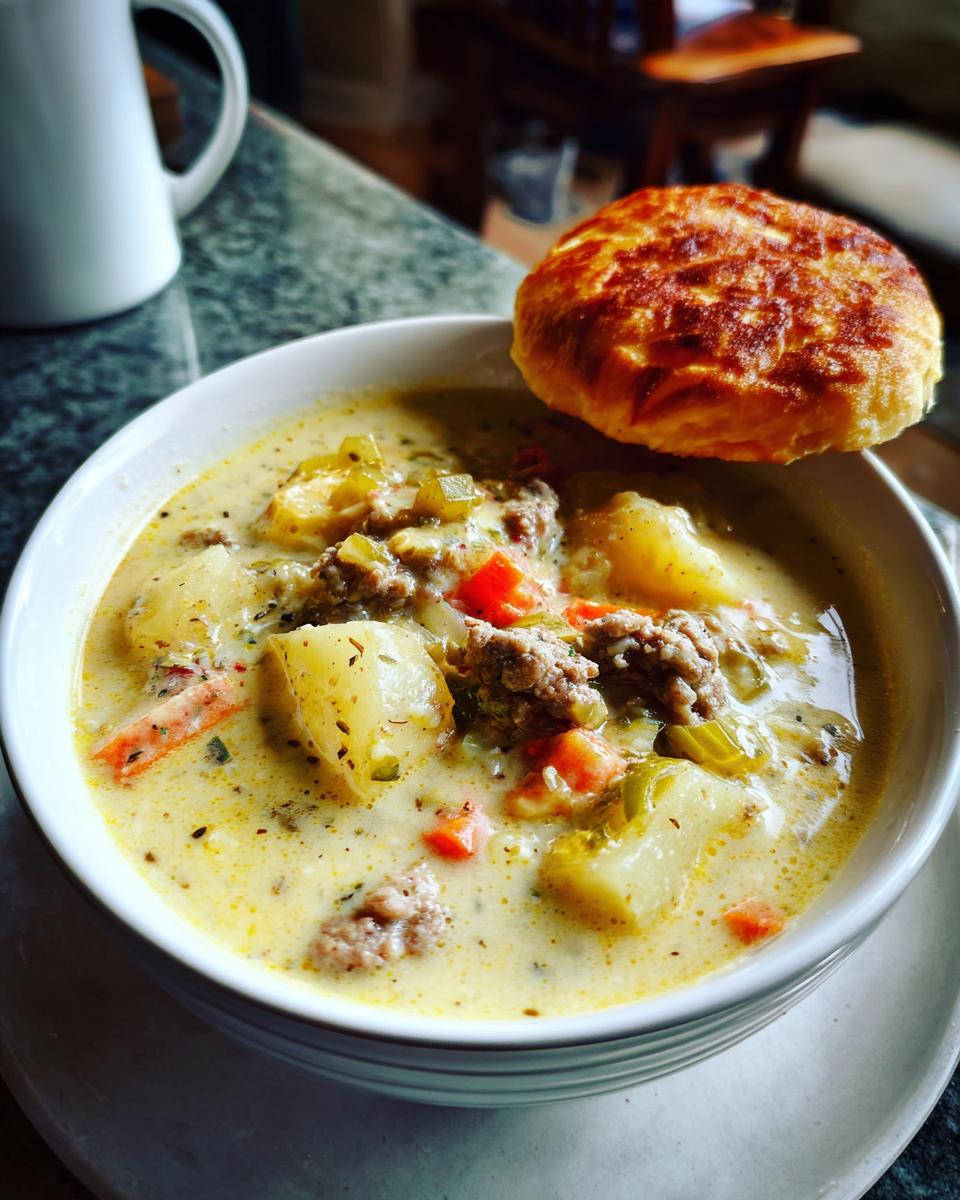 A close-up of a bowl of hearty cheeseburger soup with potatoes, carrots, ground beef, and a toasted bun on the side.