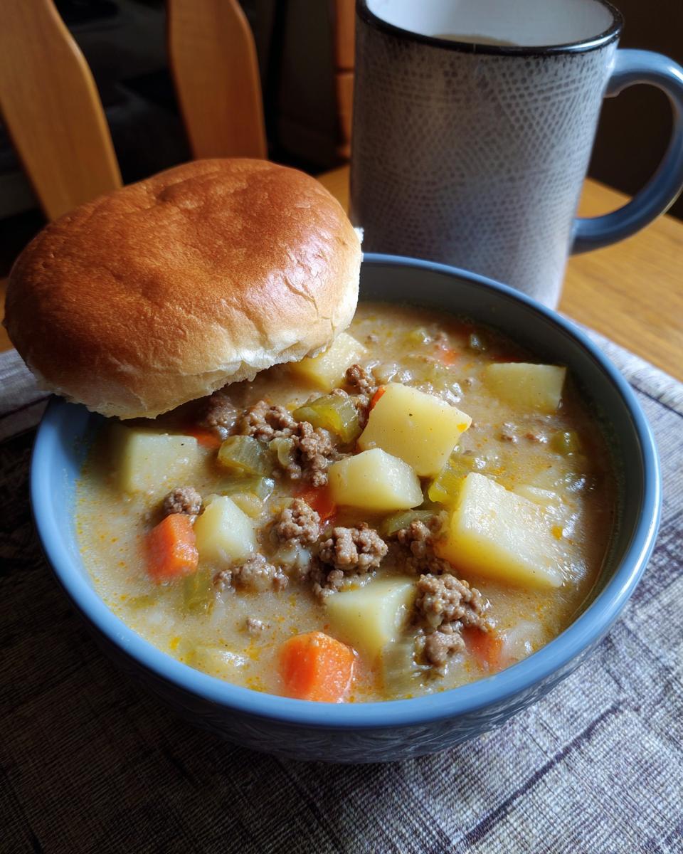A bowl of creamy cheeseburger soup with ground beef, potatoes, carrots, and celery, topped with a bun.