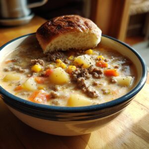 A close-up of a bowl of creamy Cheeseburger Soup filled with ground beef, potatoes, carrots, and corn, topped with a toasted bun.