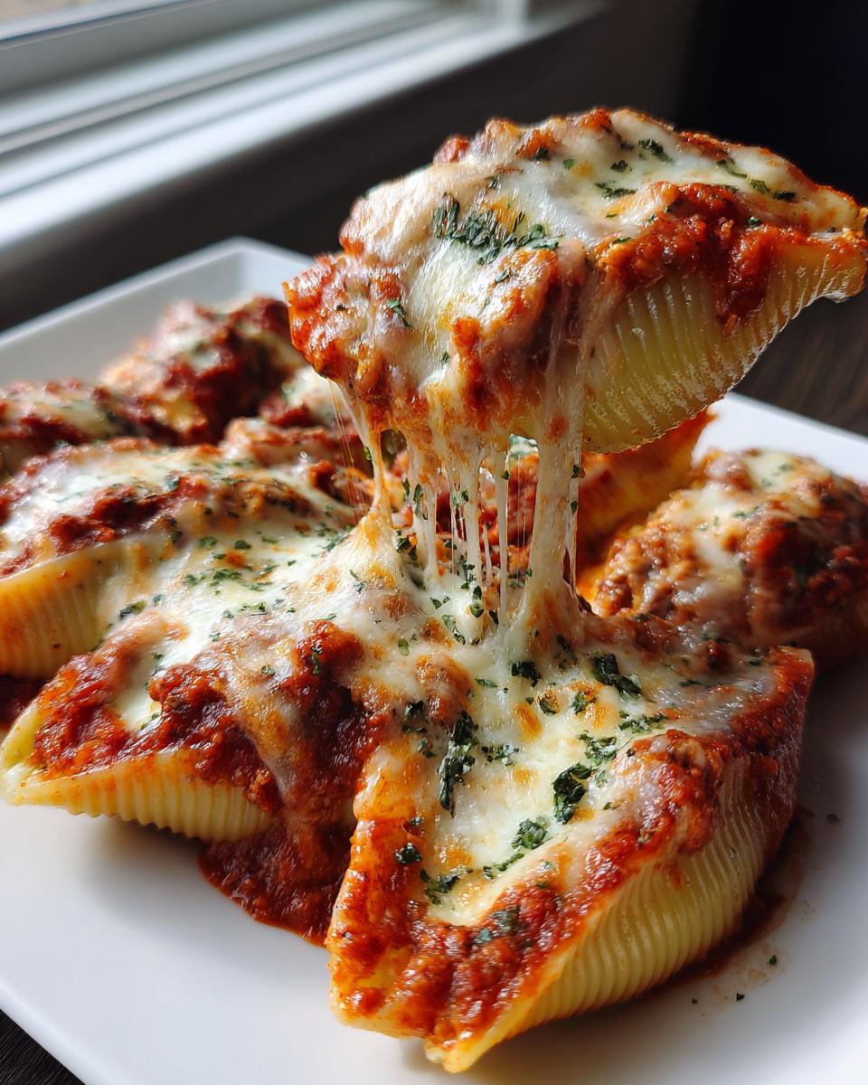 A close-up of cheesy stuffed shells, with one shell being lifted, showing melted mozzarella cheese stretching.
