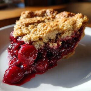 A close-up of a slice of Cherry Dump Cake on a white plate, showing juicy cherries and a crumbly topping.