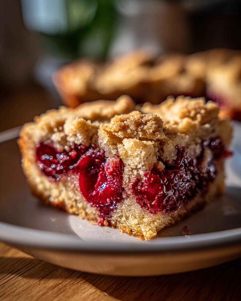 A close-up of a moist slice of Cherry Dump Cake, showcasing juicy cherries and a crumbly topping.