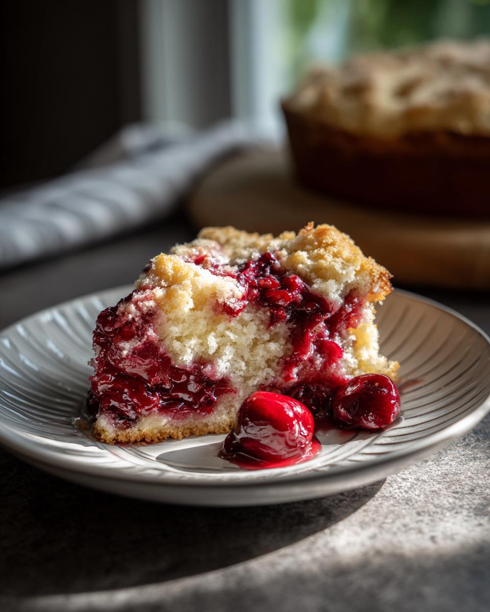 A close-up of a slice of Cherry Dump Cake on a white plate, with juicy cherries and a crumb topping.