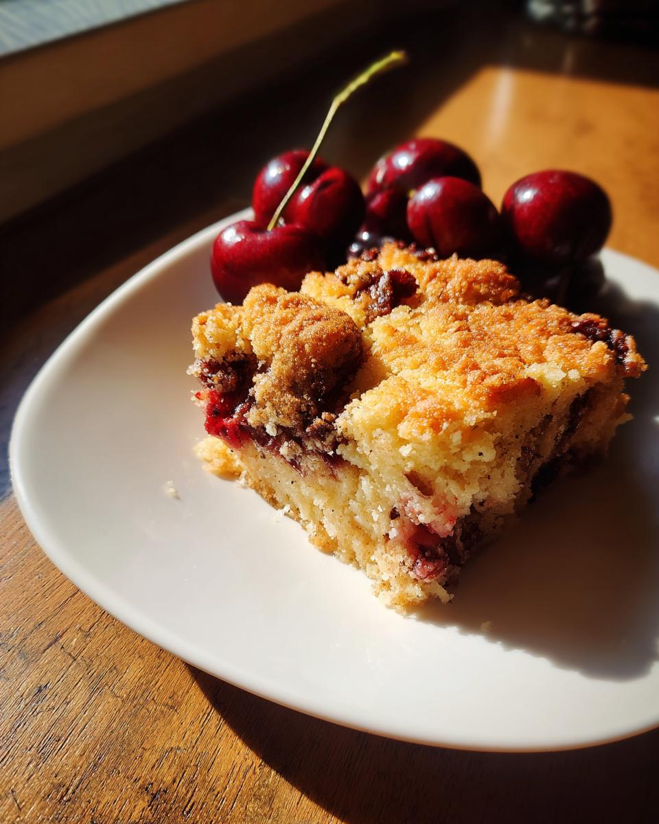 A slice of Cherry Dump Cake on a white plate with fresh cherries on the side.