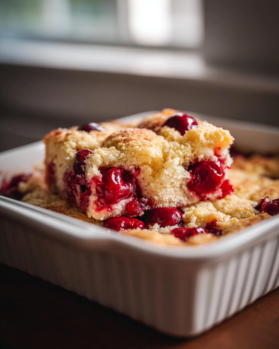 Close-up of a moist slice of Cherry Dump Cake with juicy cherries and a crumbly topping.