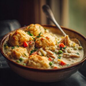 A close-up of a rustic bowl filled with creamy Chicken and Dumplings, featuring tender chicken, vegetables, and fluffy dumplings.
