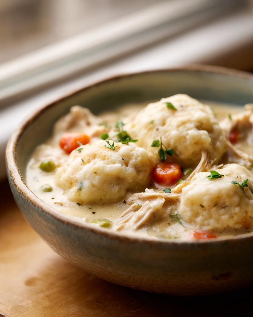 A close-up of a bowl of chicken and dumplings, featuring fluffy dumplings, shredded chicken, carrots, and peas in a creamy broth.