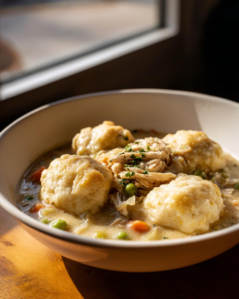 A close-up of a bowl of creamy chicken and dumplings, featuring fluffy dumplings, shredded chicken, peas, and carrots.
