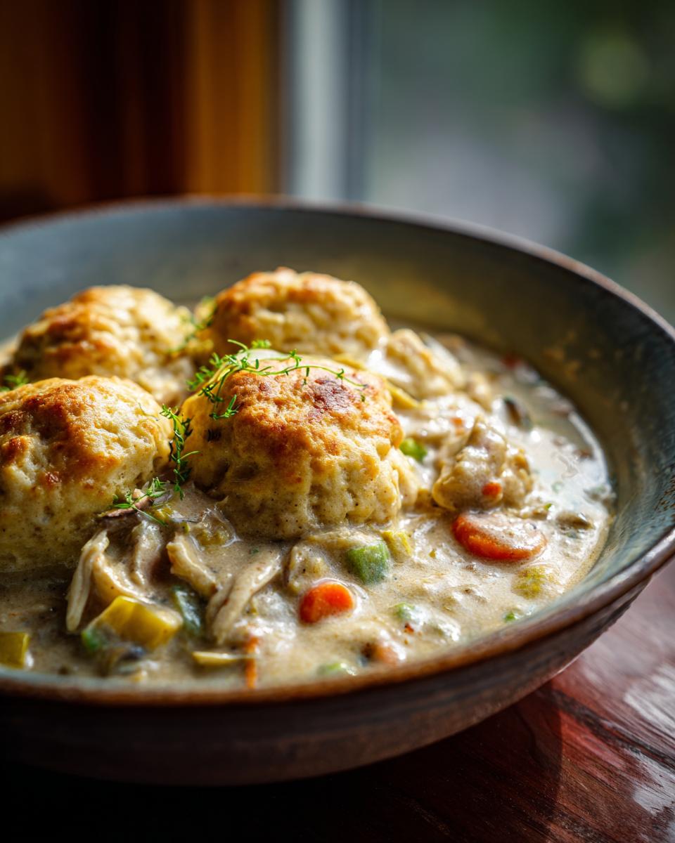 A close-up of a bowl of creamy chicken and dumplings, with fluffy dumplings and visible vegetables like carrots and celery.