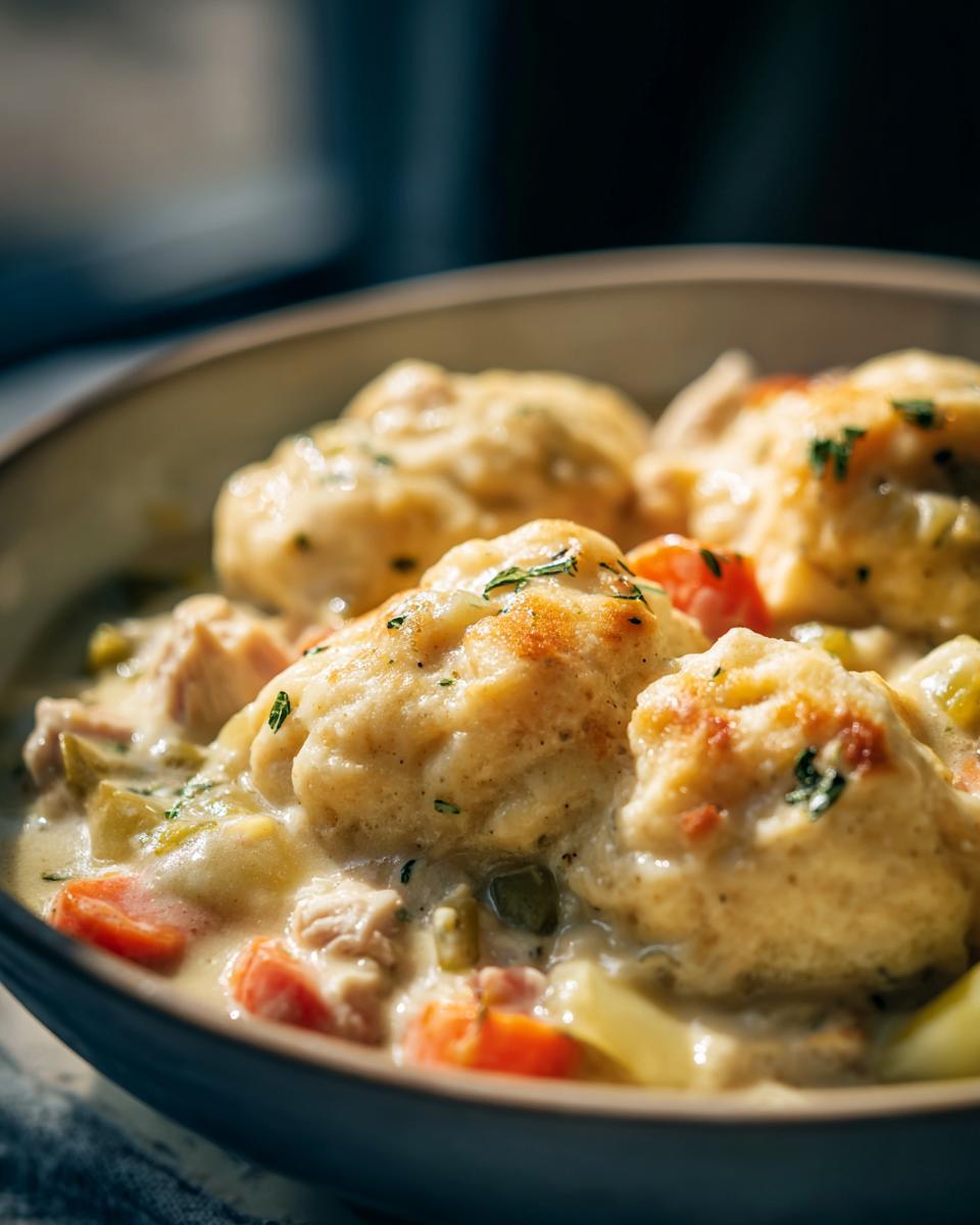 Close-up of a bowl filled with creamy chicken and dumplings, featuring tender chicken, carrots, and peas.