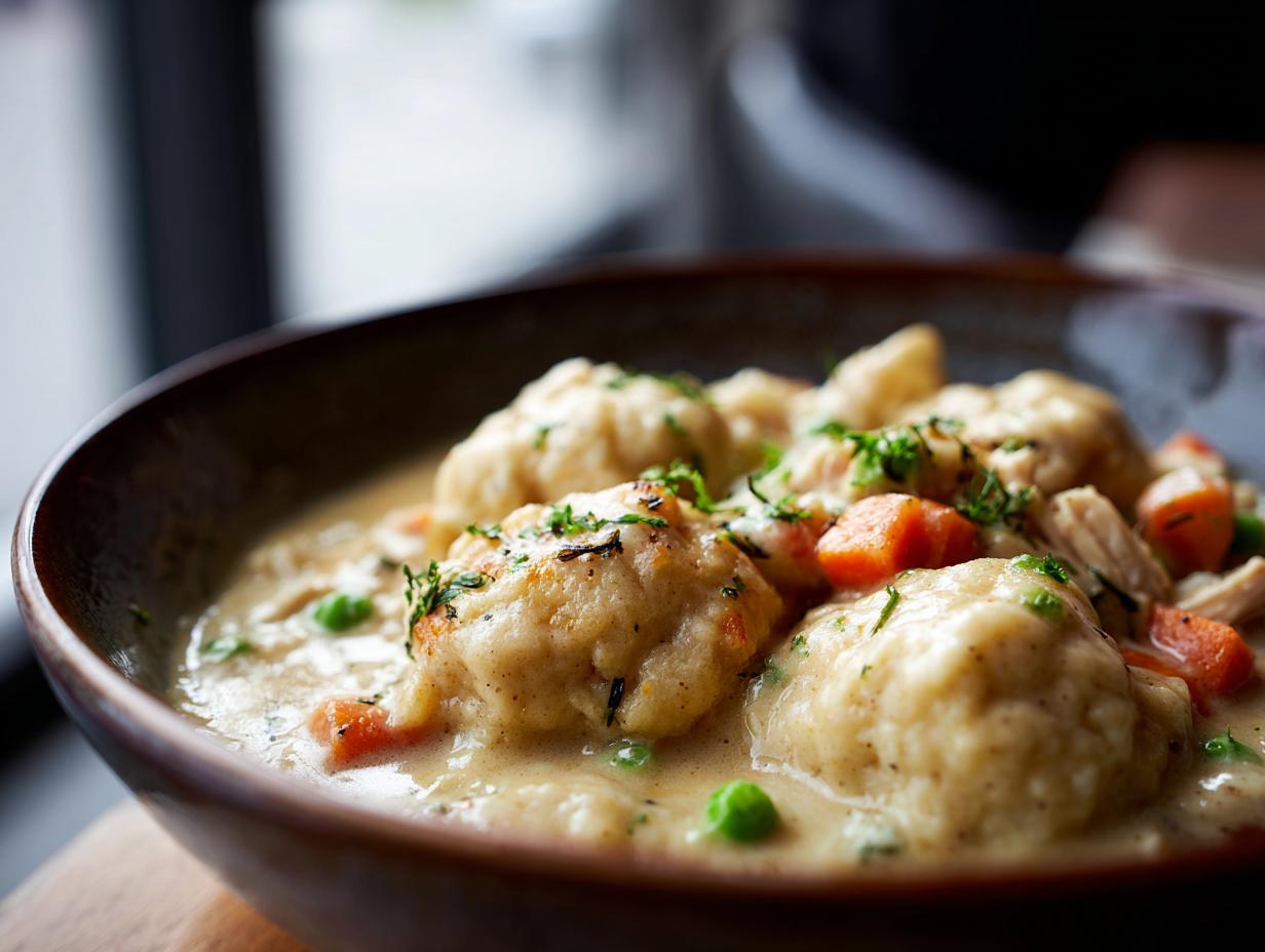 A close-up of a bowl of comforting chicken and dumplings, featuring fluffy dumplings, tender chicken, carrots, and peas in a creamy broth.