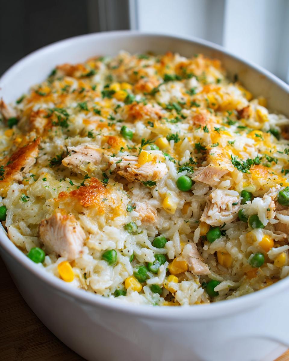 A close-up of a baked chicken and rice casserole in a white dish, topped with melted cheese, peas, corn, and parsley.