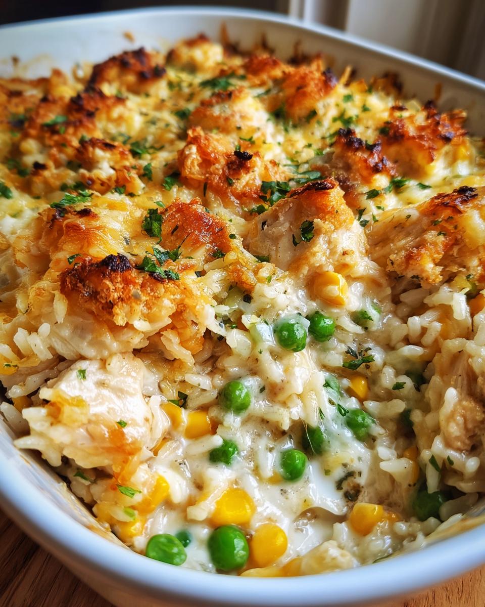 A close-up of a baked chicken and rice casserole, featuring tender chicken pieces, creamy rice, peas, corn, and a golden-brown cheesy topping.