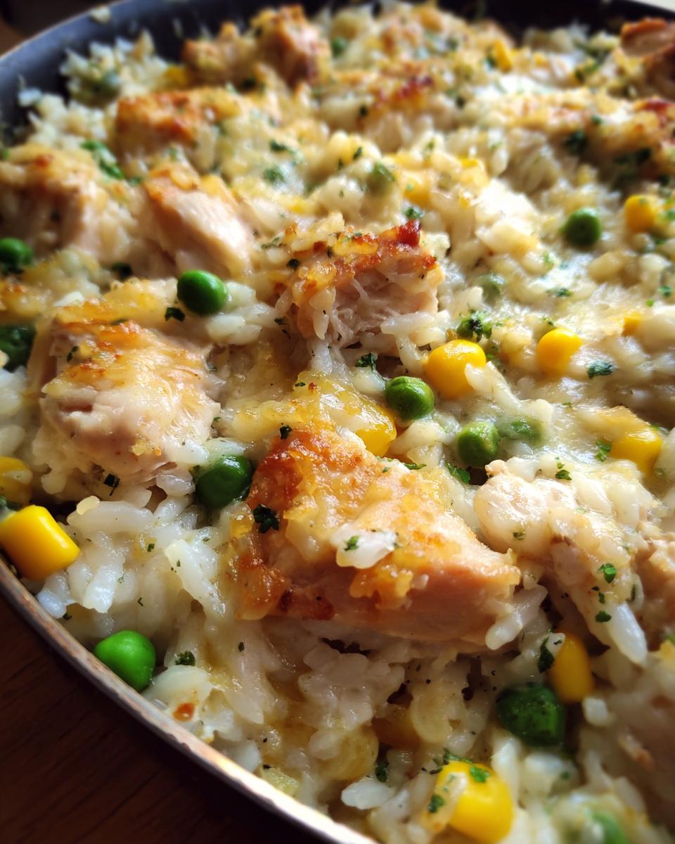 A close-up view of a baked Chicken and Rice Casserole, featuring tender chicken pieces, fluffy rice, peas, corn, and melted cheese.