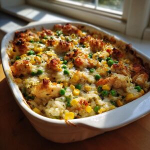 A close-up of a freshly baked chicken and rice casserole in a white baking dish, topped with melted cheese, peas, and corn.
