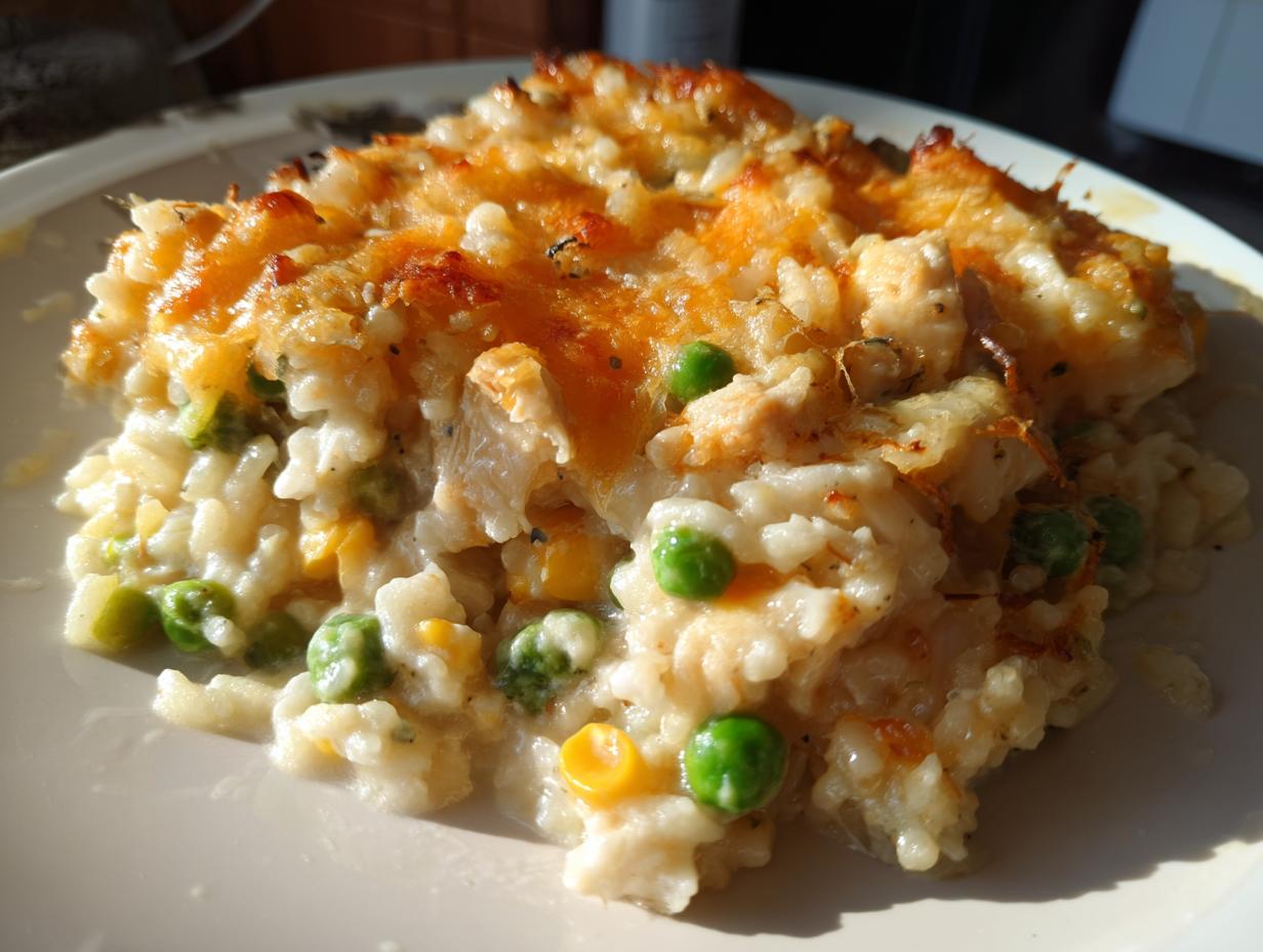 A close-up of a serving of chicken and rice casserole, featuring tender chicken, rice, peas, and corn, topped with melted golden cheese.