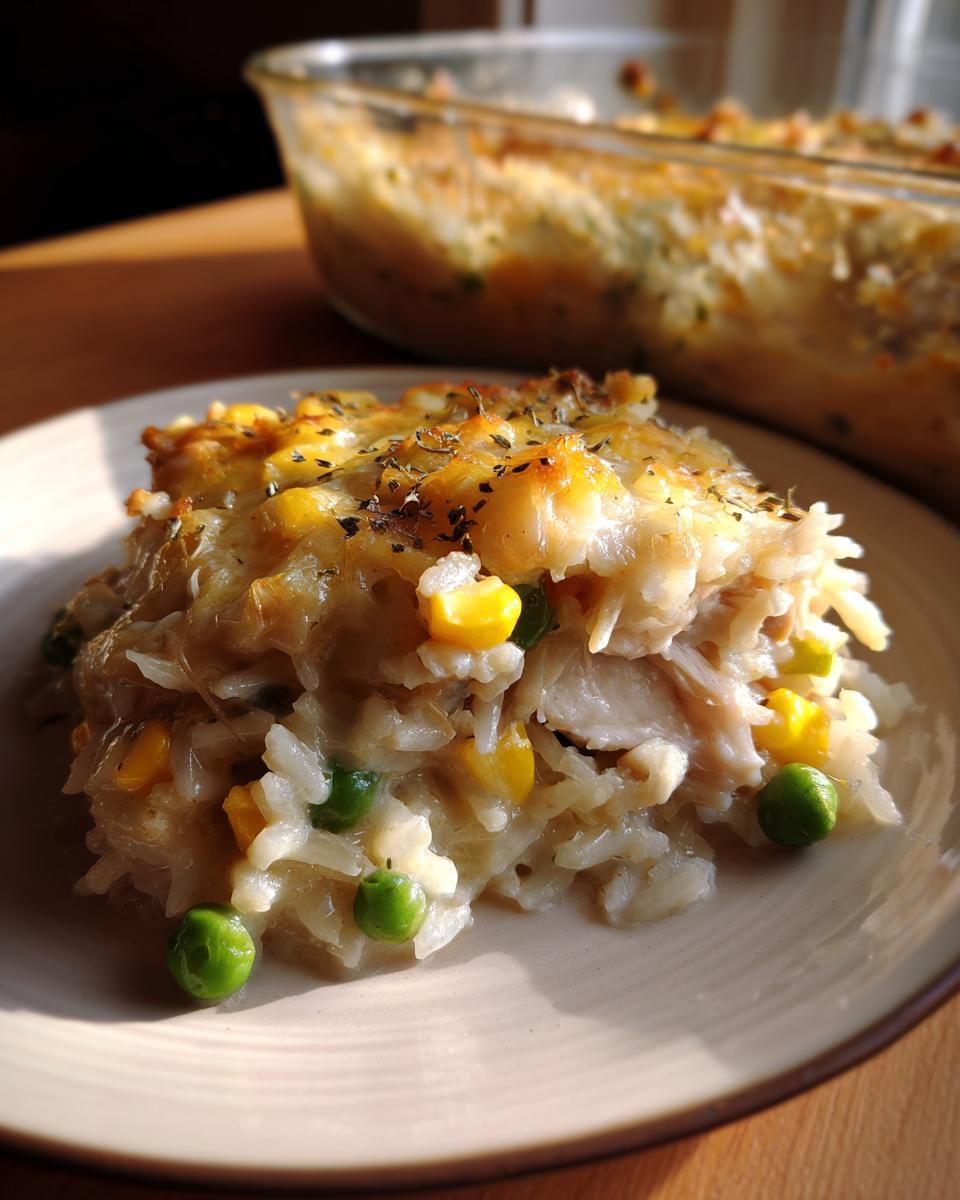 A close-up of a serving of chicken and rice casserole with peas and corn, topped with melted cheese.