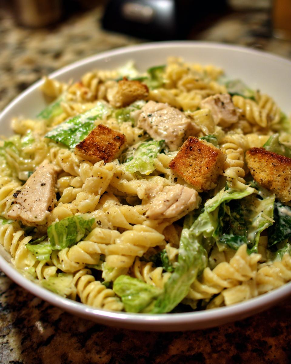 A bowl of Chicken Caesar pasta salad with rotini pasta, chicken pieces, lettuce, and croutons.