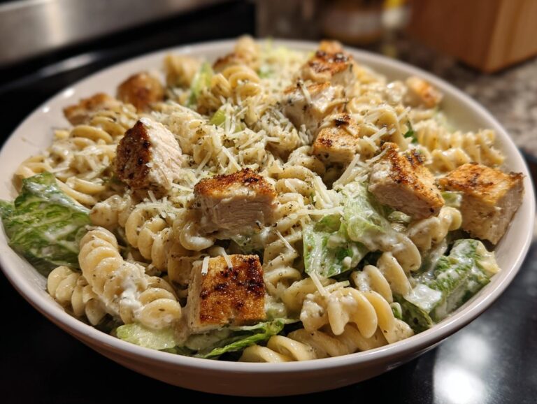 A bowl of Chicken Caesar Pasta Salad with rotini pasta, grilled chicken pieces, and creamy Caesar dressing.