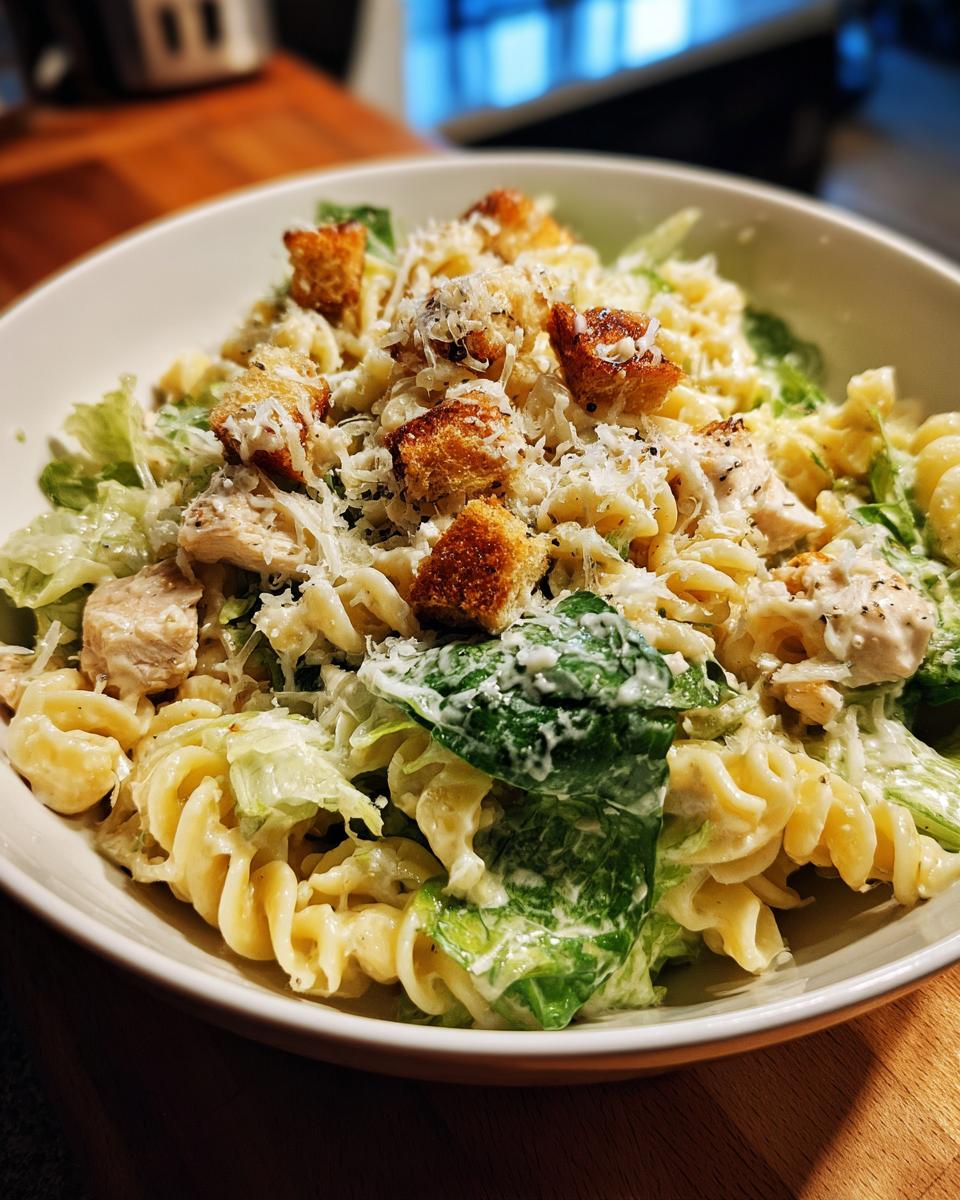 A close-up of a bowl filled with Chicken Caesar Pasta Salad, featuring rotini pasta, grilled chicken, romaine lettuce, croutons, and Parmesan cheese.