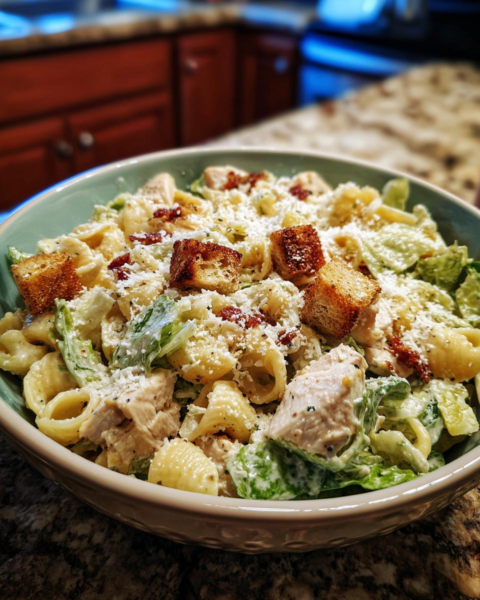A close-up of a bowl of Chicken Caesar Pasta Salad, featuring pasta, chicken, lettuce, croutons, and Parmesan cheese.