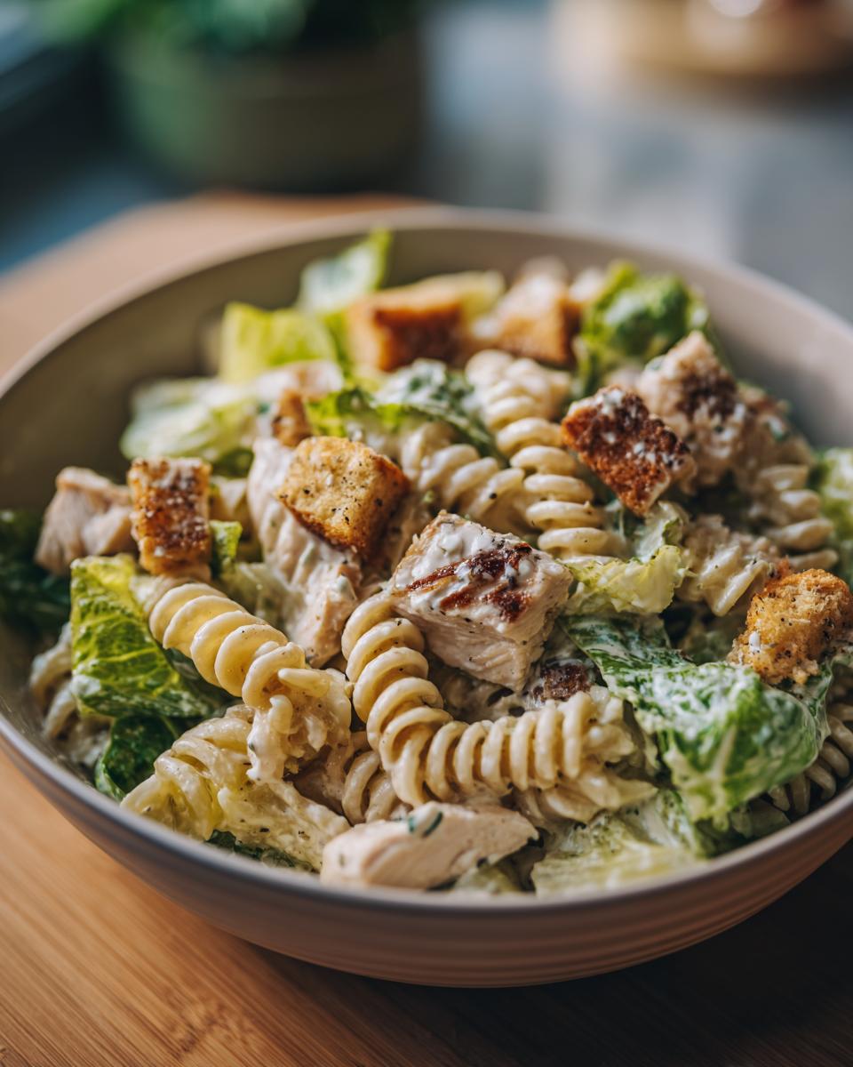 A bowl of delicious Chicken Caesar Pasta Salad with rotini pasta, grilled chicken, romaine lettuce, and croutons.