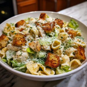 A close-up of a bowl filled with Chicken Caesar Pasta Salad, featuring pasta, chicken pieces, croutons, and creamy dressing.
