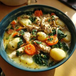 A close-up view of a bowl of delicious chicken gnocchi soup, filled with tender chicken, soft gnocchi, carrots, and spinach.