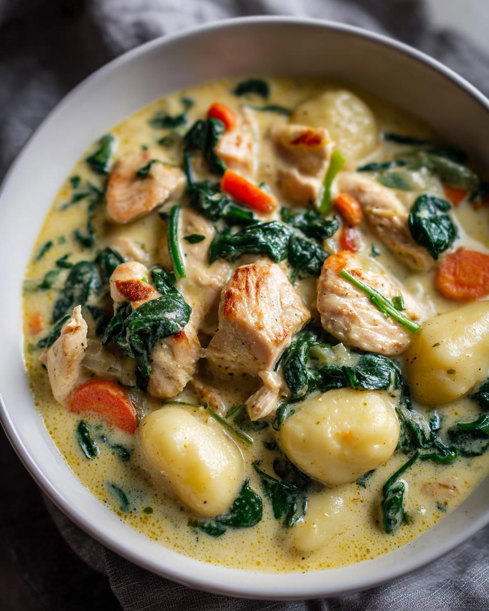 A close-up bowl of creamy chicken gnocchi soup, filled with tender chicken pieces, soft gnocchi, spinach, and carrots.
