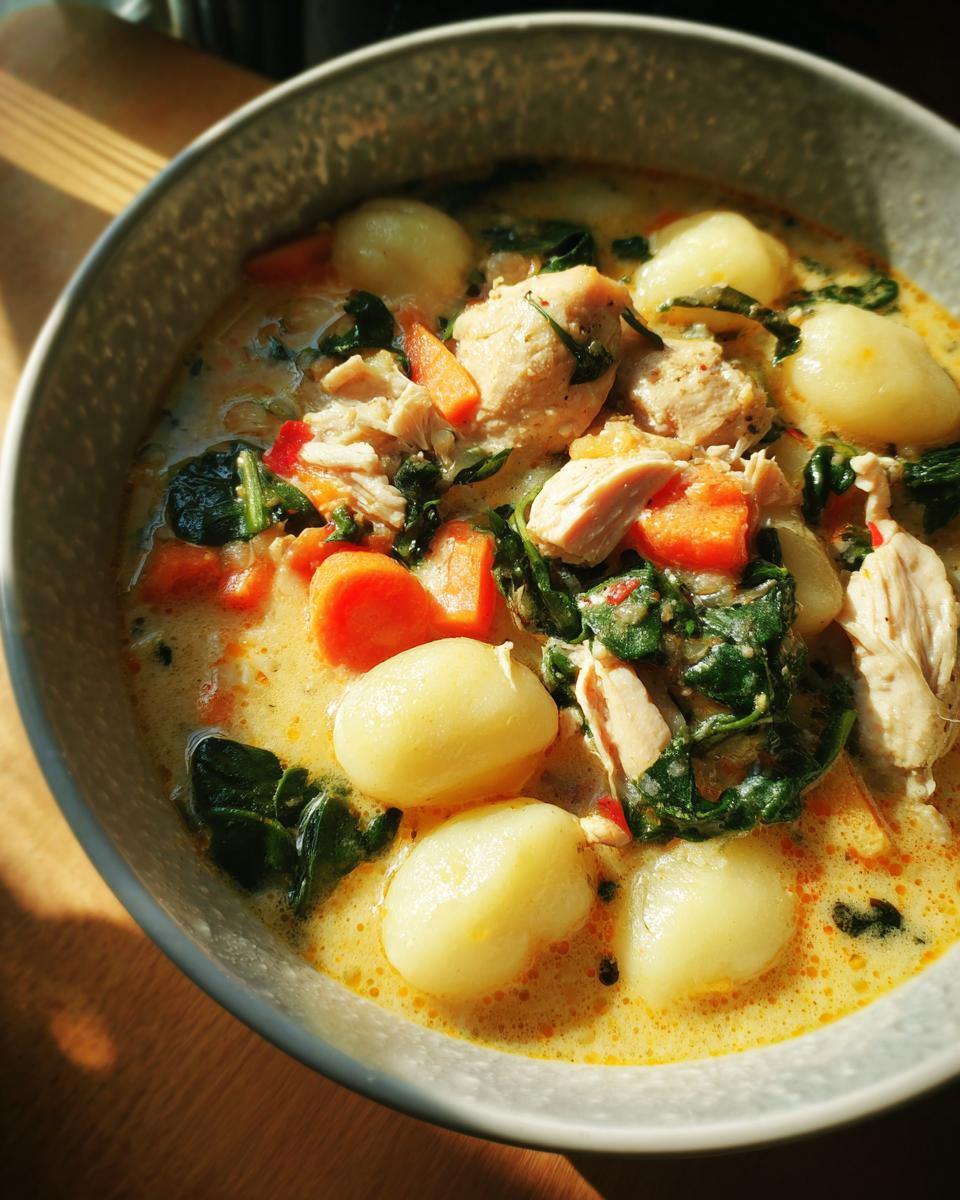 A close-up of a bowl of creamy chicken gnocchi soup, featuring tender chicken, soft gnocchi, carrots, and spinach.