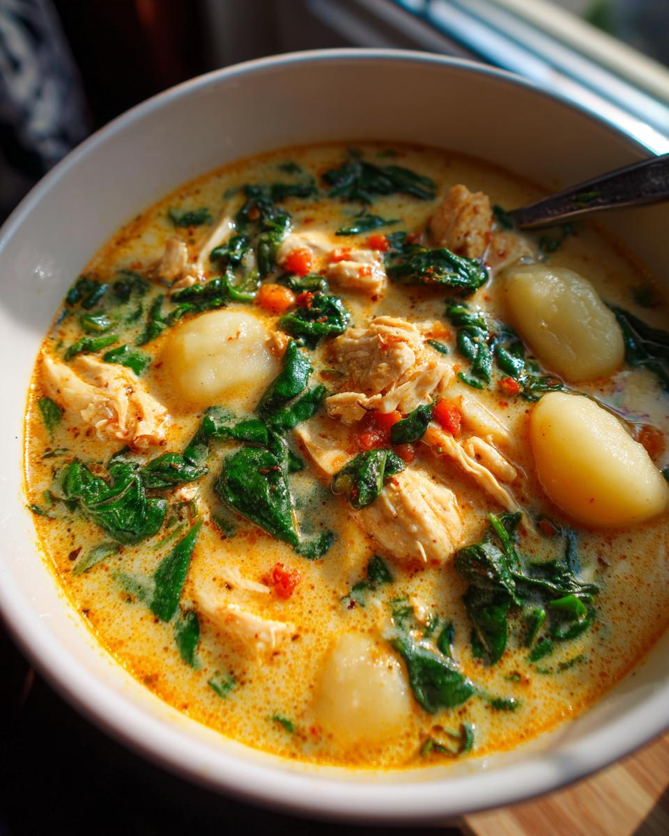 A close-up, overhead view of a bowl of creamy Chicken Gnocchi Soup with tender chicken, soft gnocchi, and wilted spinach.