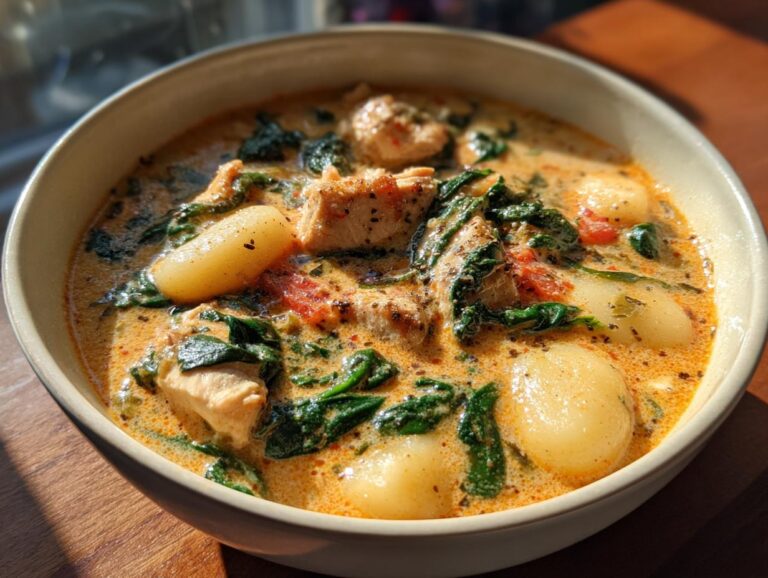 A close-up of a bowl of creamy chicken gnocchi soup with tender chicken pieces, spinach, and soft gnocchi.