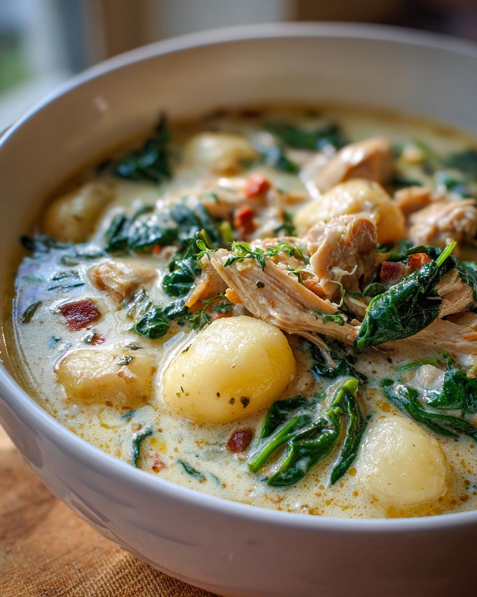 A close-up of a bowl of creamy chicken gnocchi soup with tender chicken, soft gnocchi, and wilted spinach.