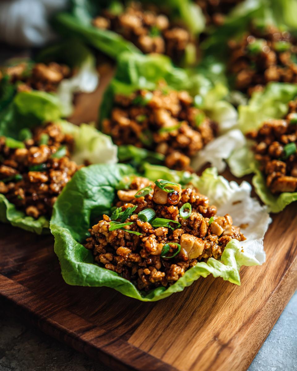 Close-up of Chicken Lettuce Wraps Copycat PF Chang's filled with seasoned ground chicken and topped with green onions.