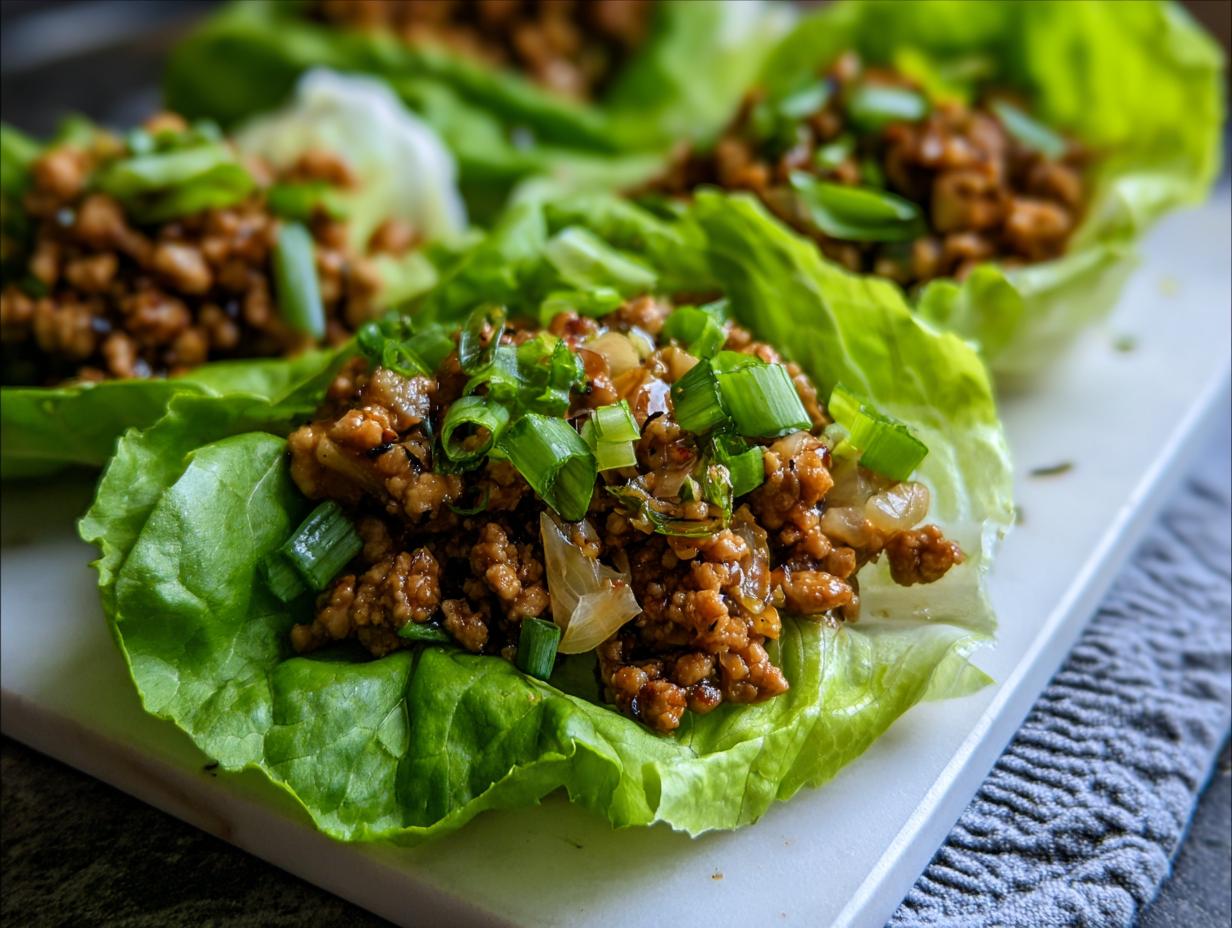 Close-up of delicious Chicken Lettuce Wraps Copycat PF Chang's, filled with seasoned ground chicken and topped with green onions.
