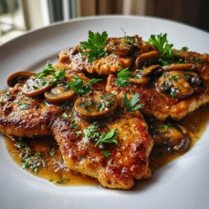 A close-up of perfectly cooked Chicken Marsala, topped with sautéed mushrooms and fresh parsley, served in a rich sauce.