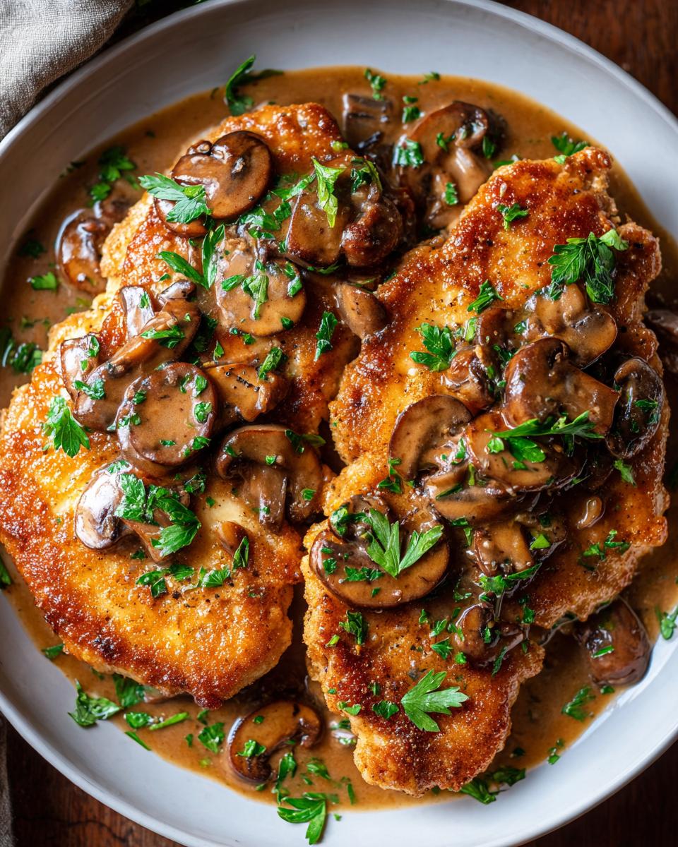 Close-up of golden-brown Chicken Marsala topped with sliced mushrooms and fresh parsley in a rich sauce.