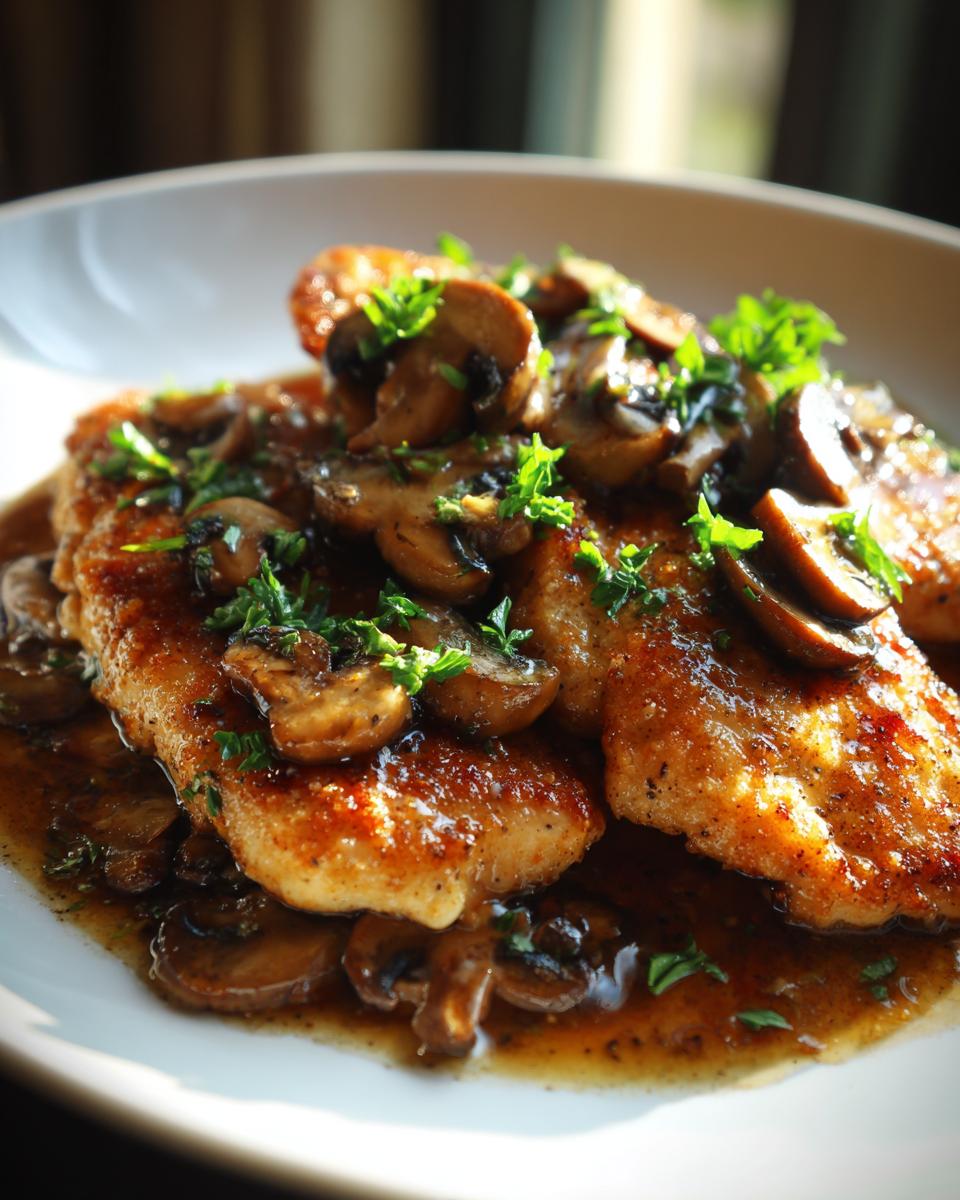 Close-up of pan-fried Chicken Marsala topped with sautéed mushrooms and fresh parsley.