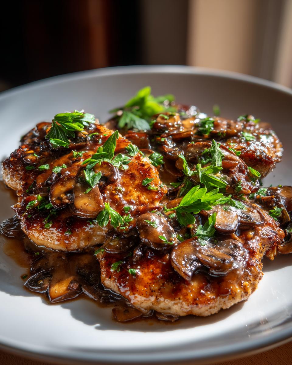 Close-up of tender Chicken Marsala topped with a rich mushroom sauce and fresh parsley.