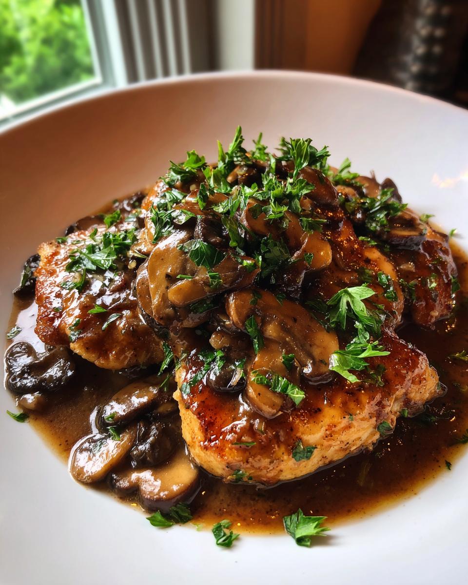 A close-up of tender Chicken Marsala topped with sautéed mushrooms and fresh parsley in a rich Marsala wine sauce.