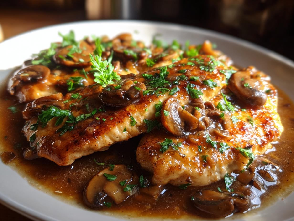 Close-up of golden-brown Chicken Marsala topped with sliced mushrooms and fresh parsley.