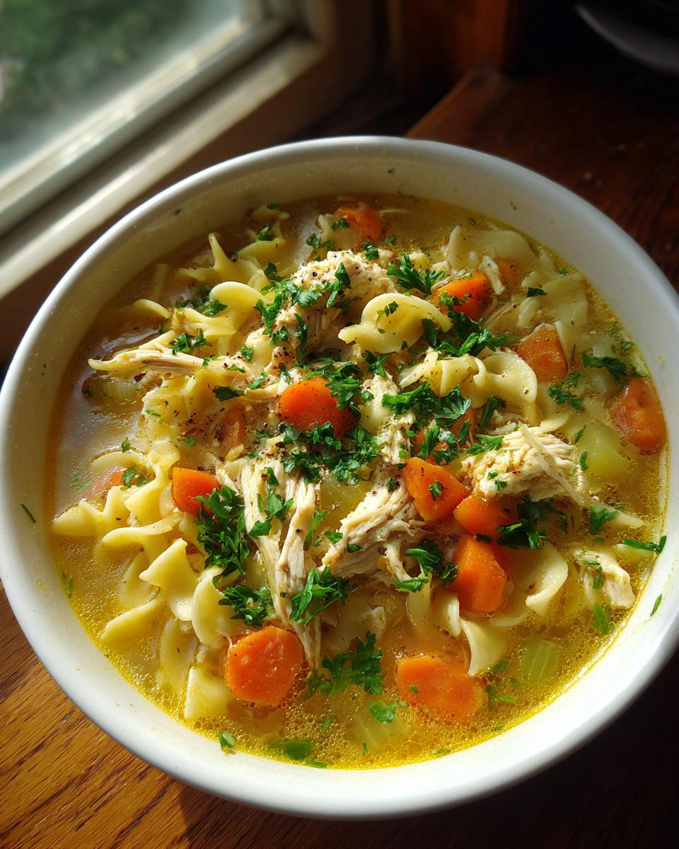 A close-up of a bowl of homemade chicken noodle soup, featuring shredded chicken, egg noodles, carrots, and fresh parsley.