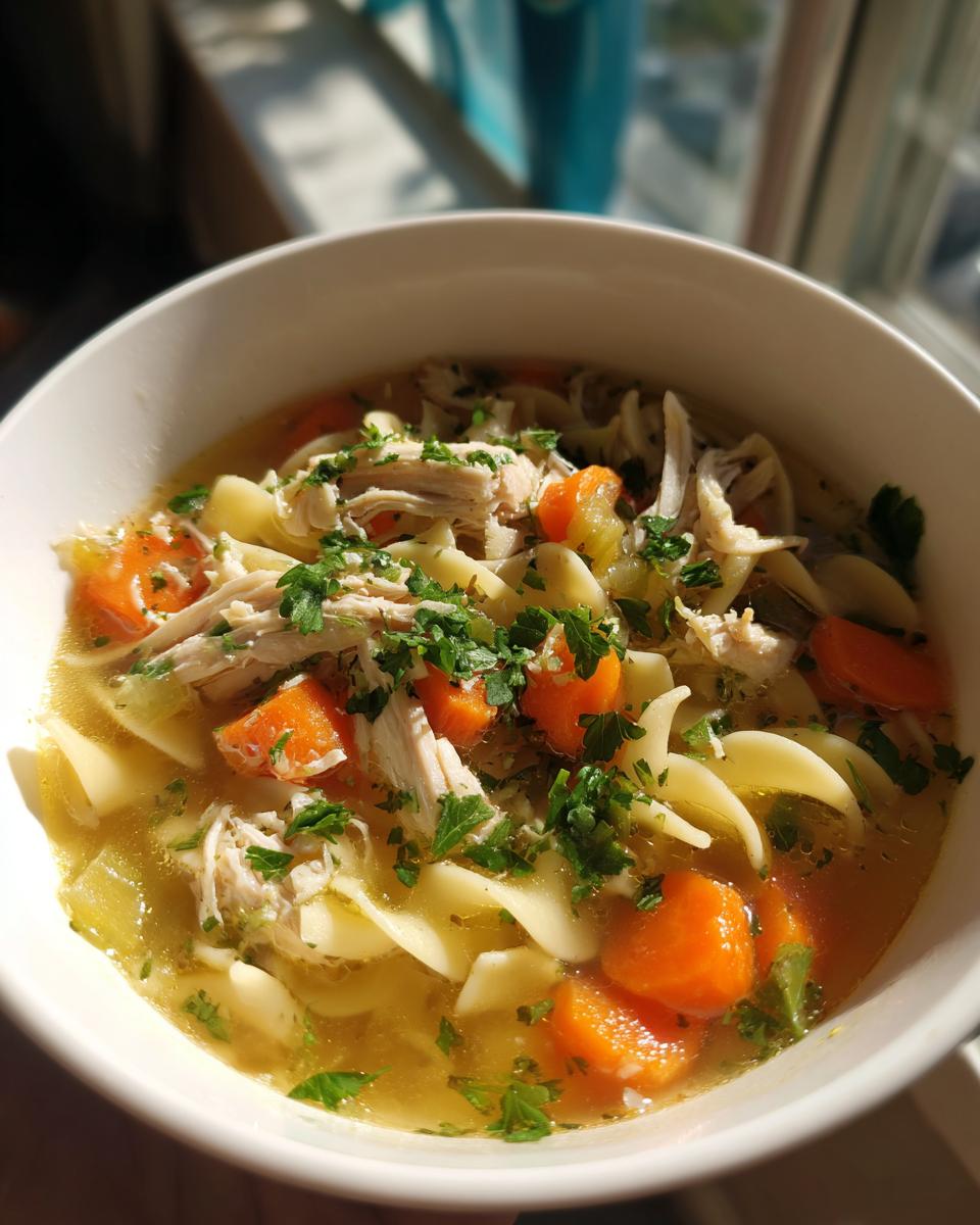 A close-up of a bowl of steaming chicken noodle soup, featuring shredded chicken, wide noodles, carrots, and fresh parsley.