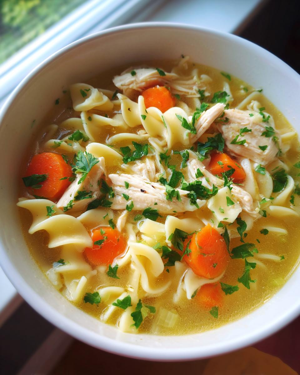 A close-up of a bowl of comforting chicken noodle soup, featuring shredded chicken, egg noodles, sliced carrots, and fresh parsley.
