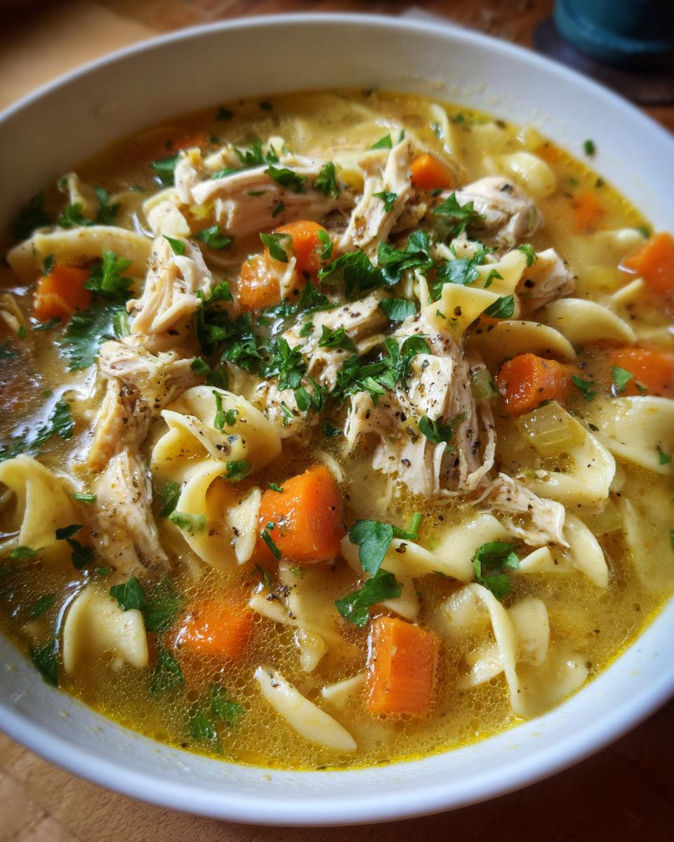 A close-up of a bowl of homemade chicken noodle soup, featuring shredded chicken, egg noodles, carrots, and fresh parsley.