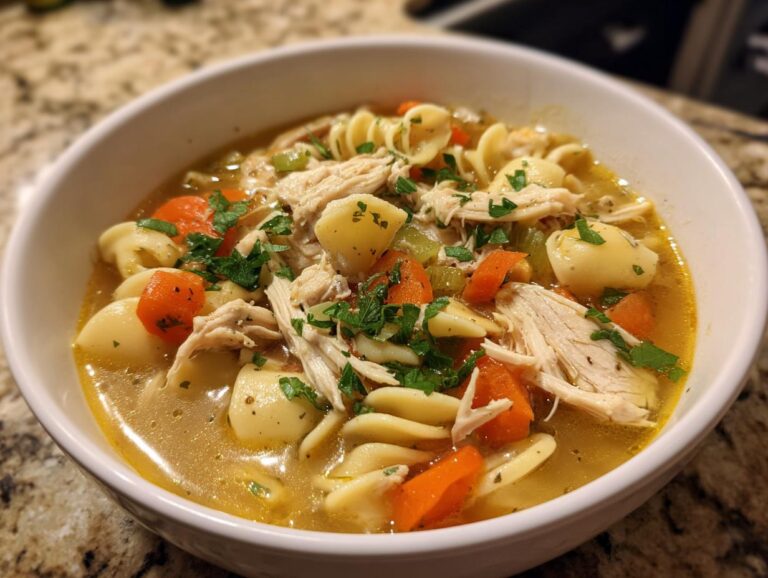 A close-up of a bowl of comforting chicken noodle soup, filled with shredded chicken, pasta, carrots, and celery, garnished with parsley.